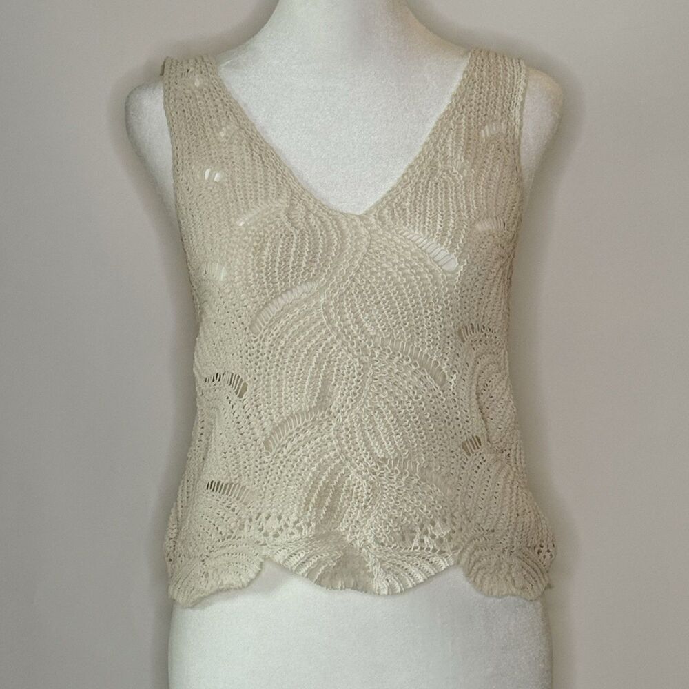 BLUE RAIN Cropped Crochet Sleevless Top Women's XS Ivory Boho Coquette Cottage